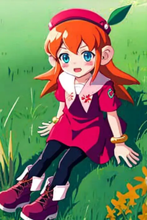 knlolo, long hair, orange hair, blue eyes, hat, red dress, jewelry, pantyhose, boots, orange hair, bracelet, blush stickers, bangle, embarrassed, sitting, grass field, day <lora:lolo v2-000004:1>