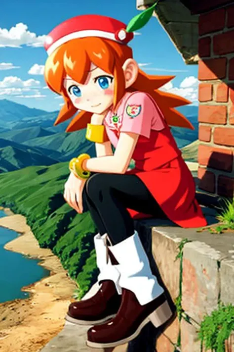 knlolo, long hair, orange hair, blue eyes, hat, red dress, jewelry, pantyhose, boots, orange hair, bracelet, blush stickers, bangle, embarrassed, sitting, mountain, river, day <lora:lolo v2-000004:1>