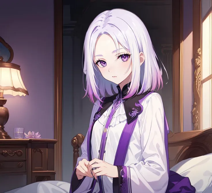 (artwork), (masterpiece), (amazing work), (masterpiece), (extremely detailed CG 8k unit wallpaper), <lora:GoodHands-vanilla:0.6>, <lyco:Nova-15:1.0>, (blunt ends:1.4), medium hair, purple hair, white hair, purple colored tips, gradient hair, purple eyes, s...