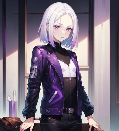 (artwork), (masterpiece), (amazing work), (masterpiece), (extremely detailed CG 8k unit wallpaper), <lora:GoodHands-vanilla:0.6>, <lyco:Nova-15:1.0>, (blunt ends:1.4), medium hair, (white hair:1.2), purple colored tips, gradient hair, purple eyes, tall fem...