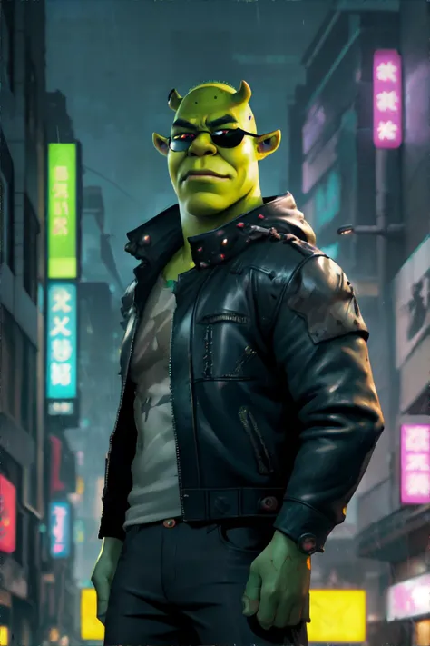 a man in a leather jacket and sunglasses standing in a city