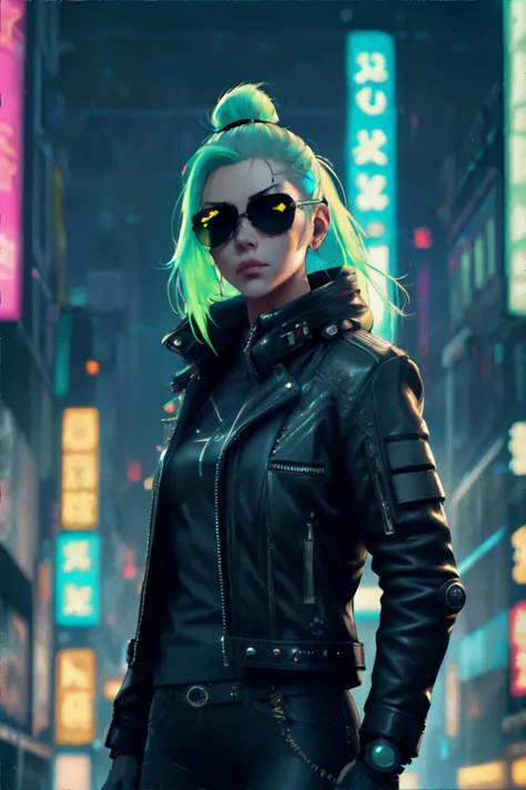 <lora:cyberpunk-duskfall:0.7>, Cyberpunk Style, woman, ponytail, leather jacket, neon lights, sunglasses, city street, night time, raining, <clip:skip:2>, masterpiece, 8k, high resolution, shallow depth of field, sharp focus