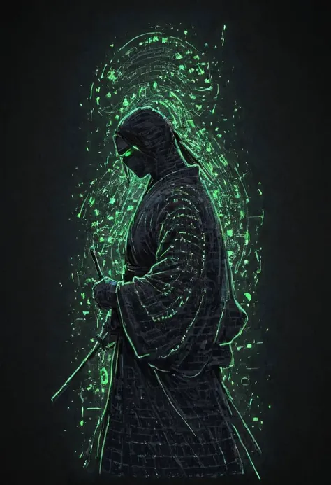 a man in a robe with a sword and a glowing green light