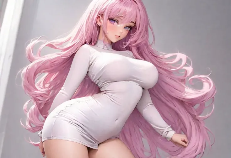 see though outfit, transparent clothing,lingerie, tight,((big boobs)), (thcik ass), (big ass), masterpiece, best quality, 1 woman, mature female, perfect face, detailed eyes, elysia, pink hair, extra long hair, (pastel color), white turtleneck sweater, sle...