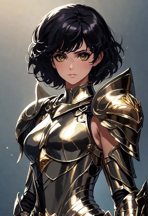 a beautiful woman, wearing armor, Saint Seiya style, holding the helmet, in her hands, dark skin, short black hair, black eyes, the armor outlines her body