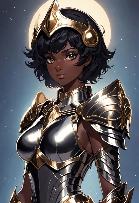 a beautiful woman, wearing armor, Saint Seiya style, holding the helmet, in her hands, dark skin, short black hair, black eyes, the armor outlines her body