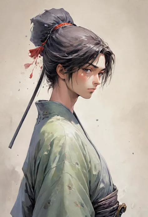 a painting of a woman with a samurai hat and a sword