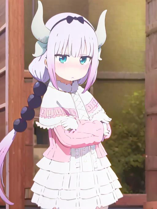 anime girl with horns and a dress standing in front of a door