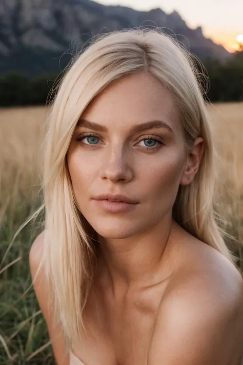 a close up of a woman in a field of grass