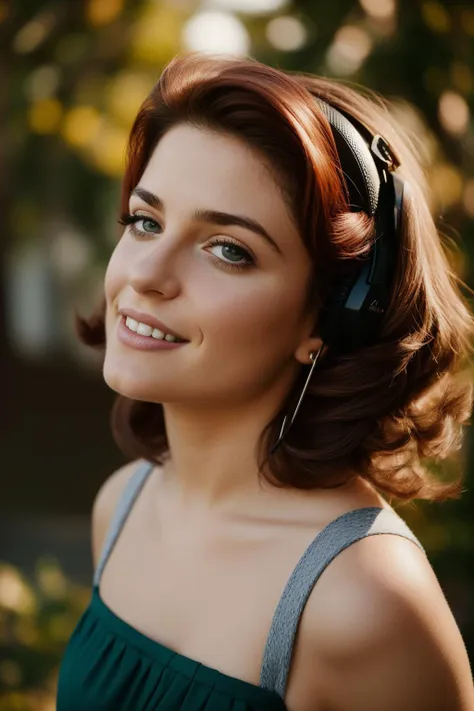 a close up of a woman with headphones on smiling