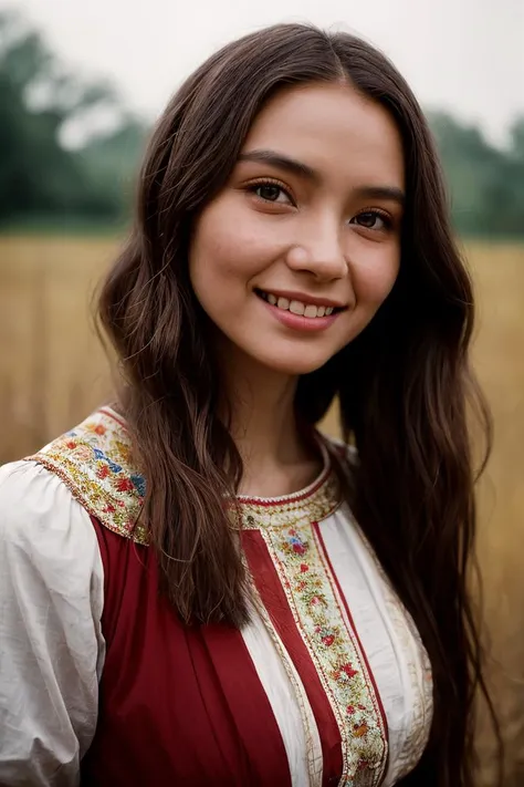 a close up of a woman in a red and white dress smiling