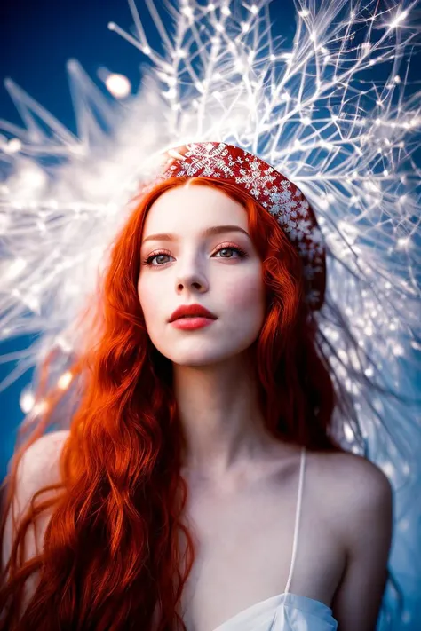 Fine art photography, (amateur photo), (analog photo:1.2,film grain),(waist-length portrait, a woman with long red hair wearing a hat),(long ginger red curly wind floating hair),posing for fashion,(look to camera),(intricate snowflakes volumetric glowing a...