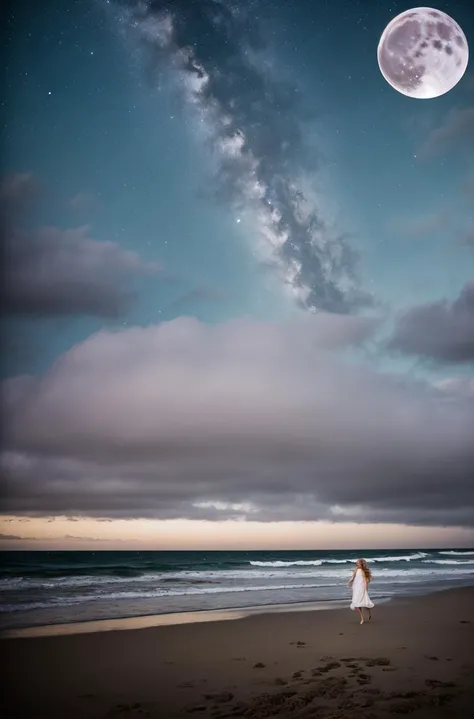 1girl, "elegant-sequin-party-dress", walking on the beach, full-body-shot, windblown-hair, (dramatic makeup), colorful, amazing, perfect lighting, bright colors, dramatic, dynamic, cinematic lighting,  intricate details, epic, ((night, moonlight)),  fashio...