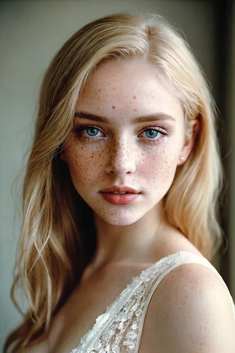 a close up of a woman with freckles on her face