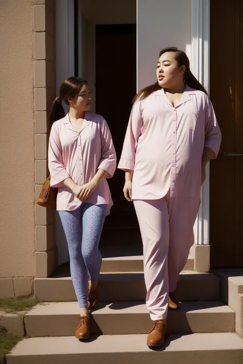 two women walking down a flight of stairs in pink pajamas