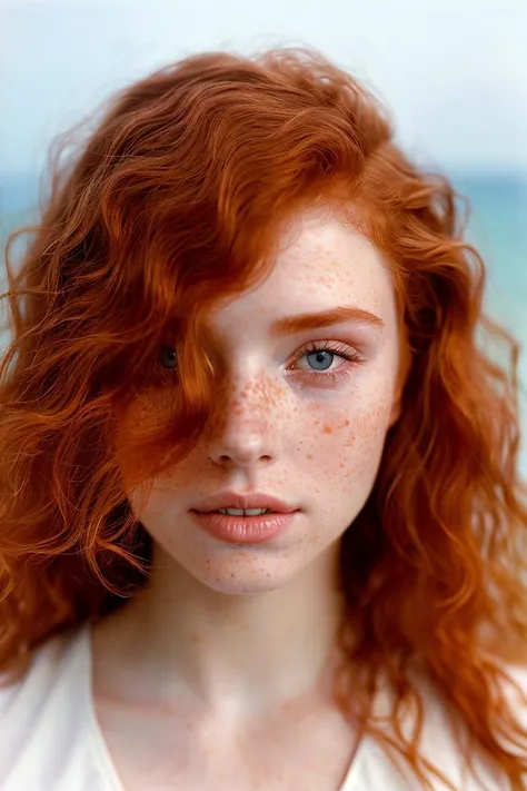 a close up of a woman with freckles on her face