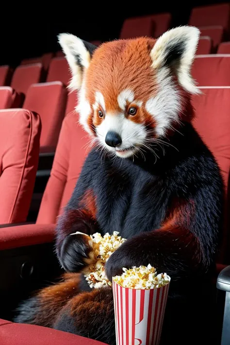 Fine art photography, (amateur photo), (analog photo:1.2,film grain),(anthropomorphic red panda sitting in a movie theater eating popcorn watching a movie),vivid colours,realistic,photographic, (natural colors, correct white balance, color correction, deha...