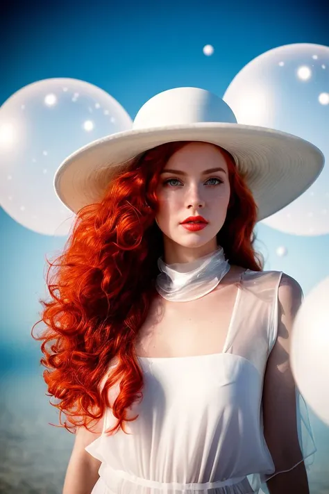 Fine art photography, (amateur photo), (analog photo:1.2,film grain),(waist-length portrait, a woman with long red hair wearing a hat),(long ginger red curly wind floating hair),posing for fashion,(look to camera),(intricate white plastic balls volumetric ...