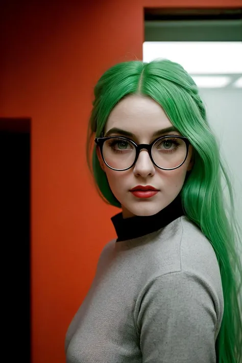 Fine art photography, (amateur photo), (analog photo:1.2,film grain),(woman with green hair, glasses in the style of futuristic shapes, monochrome palette, minimalism, sculptural costumes, gray and red colors, gloomy concrete light green walls),vivid colou...