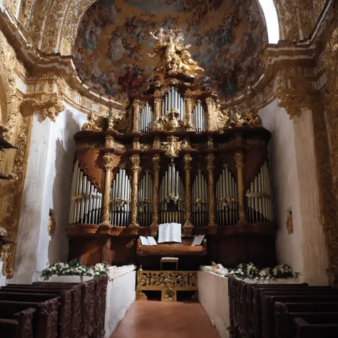 cinematic photo of  front right evo car parked indoors in a baroque church of agrigento under the statue of the angels with the pipe organ everywhere and many many paintings, masterpiece, realistic <lora:evo_agrigento_SDXL-LoRA-v083:0.9> . 35mm photograph,...