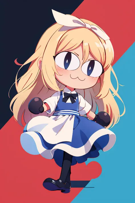 (masterpiece, best quality:1.2), chibi, solo, 1girl, necoarc, Belarus, :3, long hair, parted bangs, white hair ribbon, slit pupils, dress, black gloves, bow, striped, apron, petticoat, black pantyhose <lora:necoarc:1> <lora:Belarus:0.9>