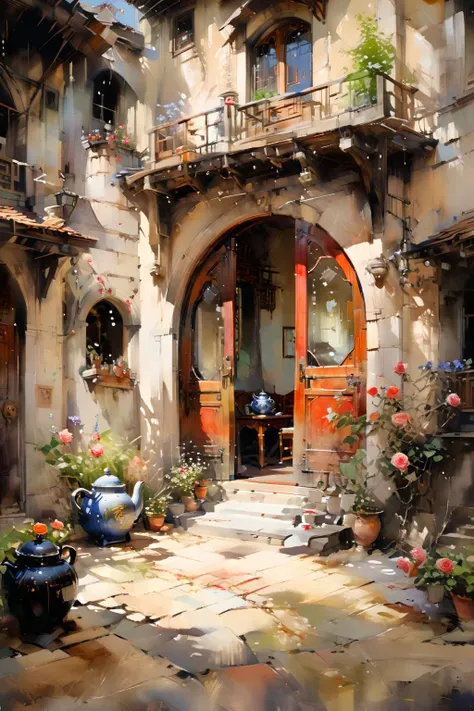 Open Chinese-style carved wooden door with stained glass Windows,a round coffee table,a teapot,several cups,very fine China,hot,outside the courtyard full of flowers,Climbing Roses from the eaves,hanging on both sides of the door,afternoon sunshine,soft li...