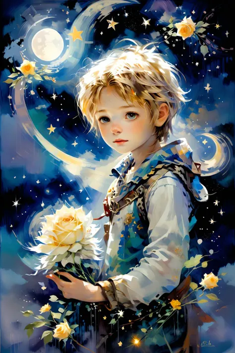 a painting of a boy holding a flower in front of a moon