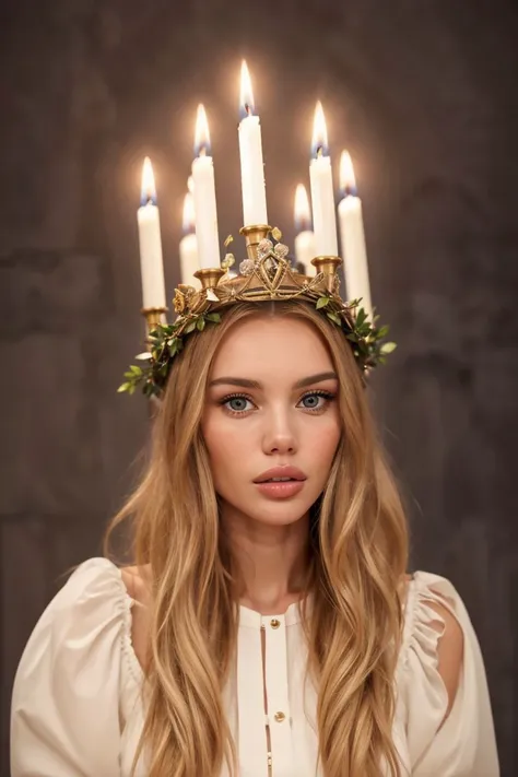 portrait of S257_OlyaAbramovich,an attractive woman,as (Saint-Lucy:1.1),in front of a (wall:1.1),wearing a (candle-crown:1.15),(white-dress),(masterpiece, ultra-detailed:1.2),