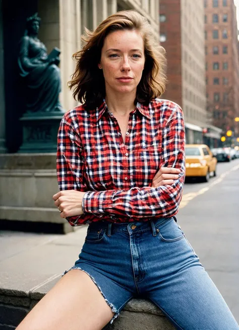 A stunning intricate full color portrait of (sks woman:1) in new york, statue of liberty in background, wearing Flannel shirt and jeans, epic character composition, sharp focus, natural lighting, subsurface scattering, f2, 35mm, film grain, , by Guy Bourdi...