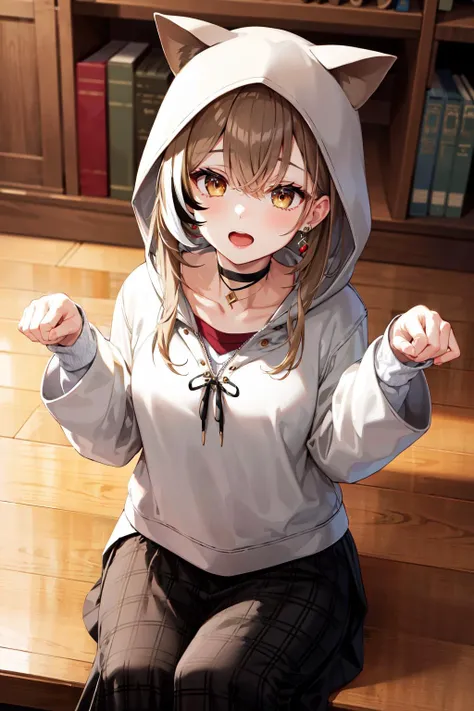 masterpiece, best quality, highres, bbmumei, long hair, multicolored hair, jewelry, earrings, shirt, hoodie, long sleeves, plaid, black choker, black skirt, long skirt, animal ears, hood up, <lora:nanashi_mumei_v1:0.9>, sitting, paw pose, open mouth,