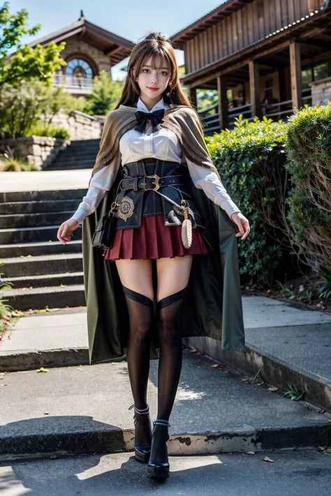 a woman in a cosplay outfit is posing on a set of stairs