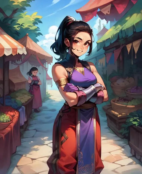 score_9,score_8_up,score_7_up,score_6_up,
LiMeixl,black hair,brown eyes,ponytail,dress,pelvic curtain, vest,detached sleeves,red pants,purple gauntlets, looking at viewer, serous, smiling, standing, arms crossed, outside, market, street, blue sky, 
<lora:L...