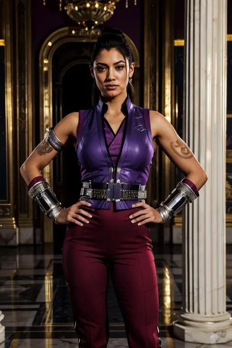 LiMei, black hair, brown eyes, ponytail, shoulder tattoo, purple dress, vest, gauntlets, red pants, pelvic curtain, looking at viewer, serious, medium shot, standing, hand on hip, inside, fancy room, palace, marble columns, high quality, masterpiece,  <lor...