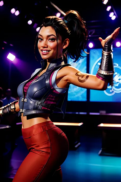 LiMei, black hair, brown eyes, ponytail, shoulder tattoo, purple dress, vest, gauntlets, red pants, pelvic curtain, looking at viewer, smiling, happy, dancing, inside night club, dance floor, crowd, neon lighting, high quality, masterpiece, <lora:LiMeiMK1-...