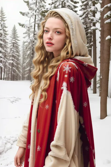 (best quality, masterpiece:1.2), (ultra highres),(realistic),((cowboy shot)), amanda_seyfried, ((1 girl,  blonde hair, wavy hair)), ((forest, winter, snow)),  (hood), (red cape),  <lora:amanda_seyfried:0.7> ,(surprised)