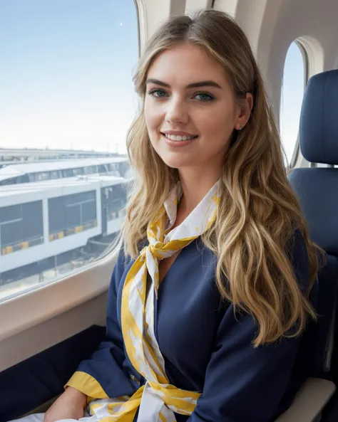 k4t3upt0nv1
(A composed flight attendant (in a flight attendant uniform) her navy-blue uniform perfectly creased with a vibrant yellow scarf around her neck. She stands poised in the airplane aisle her calm demeanor a beacon of comfort for passengers:1) , ...