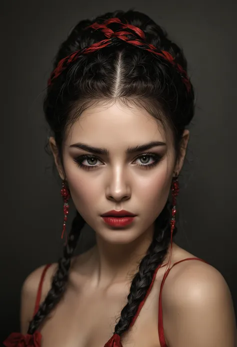 a woman with braid hair and red lipstick posing for a picture