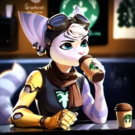 score_9, score_8_up, score_7_up, score_6_up, score_5_up, score_4_up, rivet, anthro, drinking a coffee at starbucks,  <lora:rivet_prodigy_v2-000060:1>