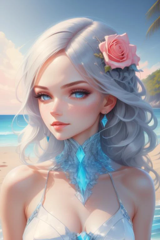 woman at the beach, detailed face, sharp picture, crystal clear, highly detailed, best quality, 8k, wallpaper, masterpiece,  <lora:DonMR0s30rd3r:1.2> donmr0s30rd3r, rose, mythical