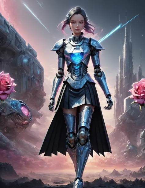 ((best quality)), ((masterpiece)), ((realistic,digital art)), (hyper detailed),DonMR0s30rd3r female knight full body clothing, Ribbed, Robotic Fabric,   Short Sleeves, Knee Length, High Waist, Pleated Skirt,  Pockets,,Tie-Dye  ,rose, octane rendering, rayt...