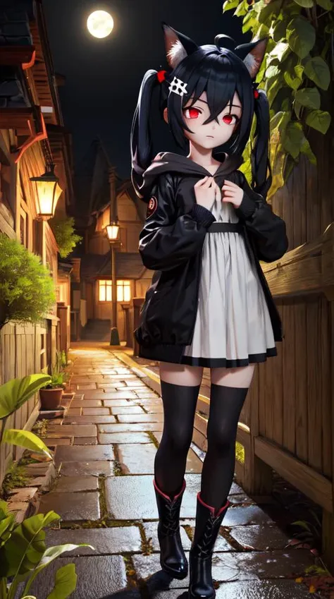 anime girl in a black and white dress and black cat ears