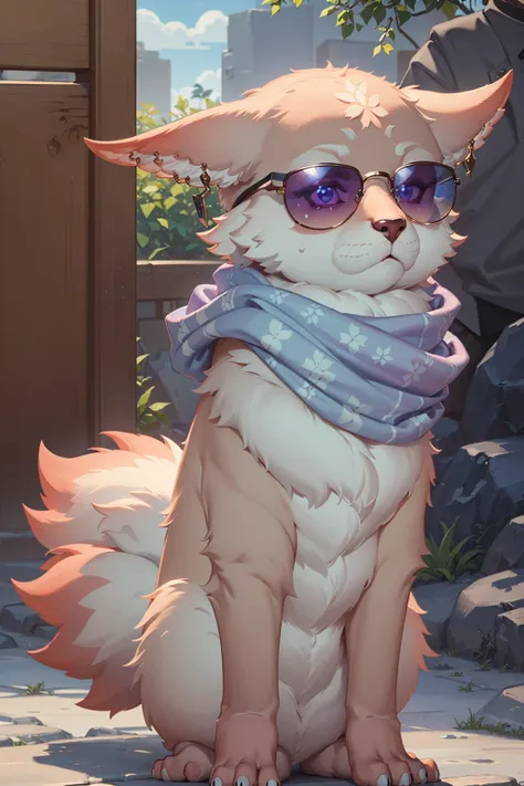 anime cat with sunglasses and a scarf sitting on a stone floor