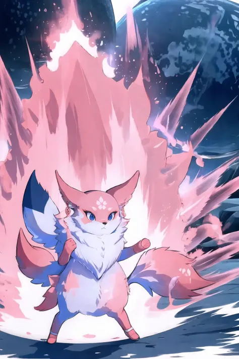 pokemon's red and white fox is standing in front of a planet