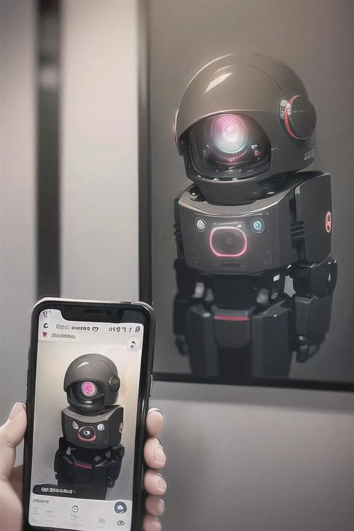 a photograph of a screen showing a photo of a robot next to a phone, one-eyed, robot, (no humans), phone, science fiction