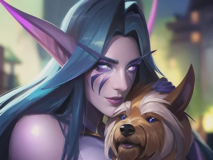 high quality, particles, night elf (warcraft),  light purple skin, best quality, masterpiece, 1girl, shenelf, athletic, glowing eyes, facial mark, makeup, shenelf playing with yorkshire terrier, hugging a yorkshire terrier, petting a yorkshire terrier, loo...