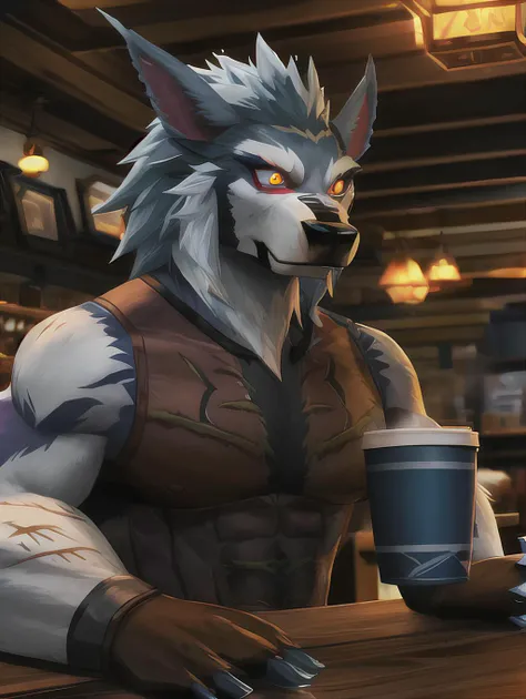 muscular, glowing eyes, tattoo,  coffee holding cup,  cafe, tavern, shop, steamy cup   warcraft, world of warcraft ,high quality,  face paint, 1boy, heworg, looking to the side, athletic, particles, volumetric lighting, best quality, masterpiece, __emotion...