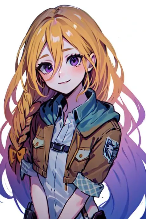 , christaaot, christa renz,1girl, solo, smile,orange blonde  hair,hair between eyes,  blue and purple  eyes,, (jacket), long hair,[orange hair:purple buttom hair:0.8],forehead,very long hair,(colored inner hair:1.3),(gradient hair:1.2), blue and purple  ey...