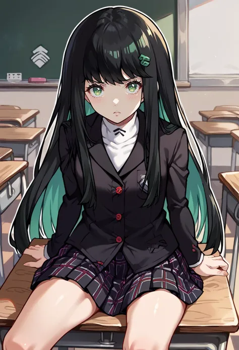 anime girl sitting on a desk in a classroom with a blackboard