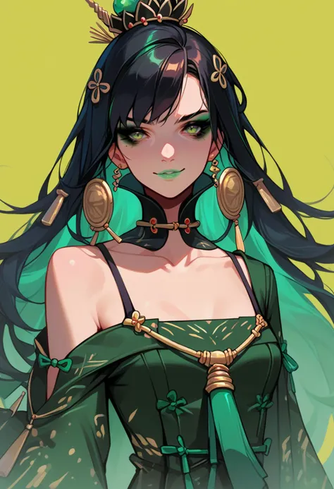 a woman with long black hair wearing a green dress and gold earrings