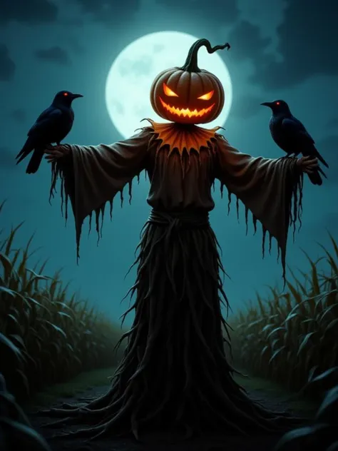 a pumpkin-headed scarecrow standing at the edge of a cornfield, its arms outstretched. the night is illuminated by the full moon...